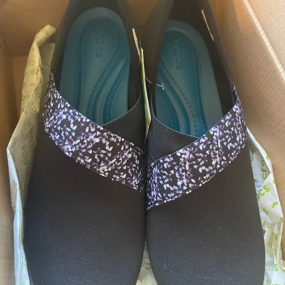 CROCS Women's Black Slip-On Flats with Purple Floral Elastic Strap